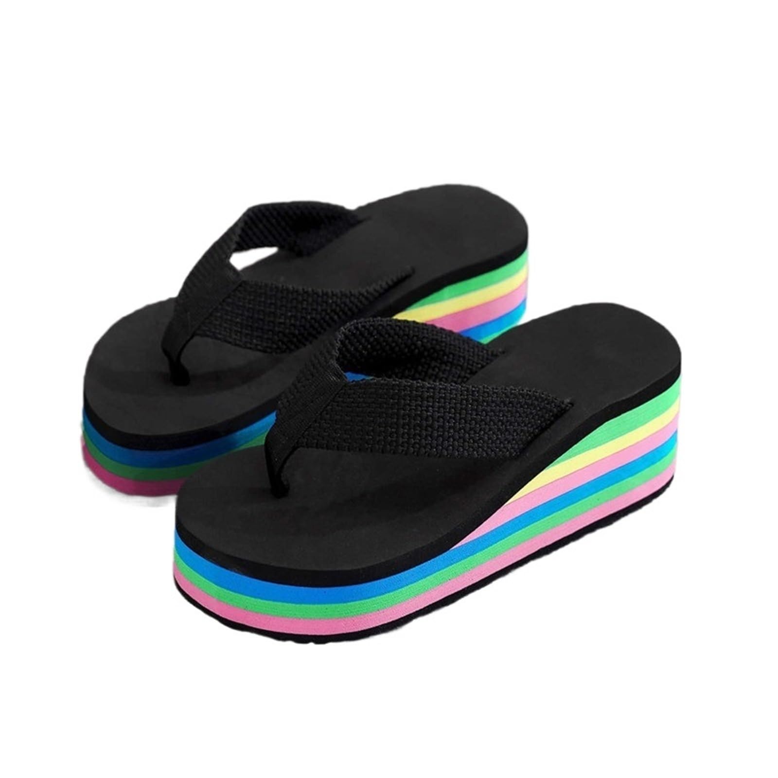 ERHTGUO Women's Rainbow Color Platform Flip Flops Summer Thick Sole Lightweight Slip-on Wedges Sandals Beach Slippers(Black,38)