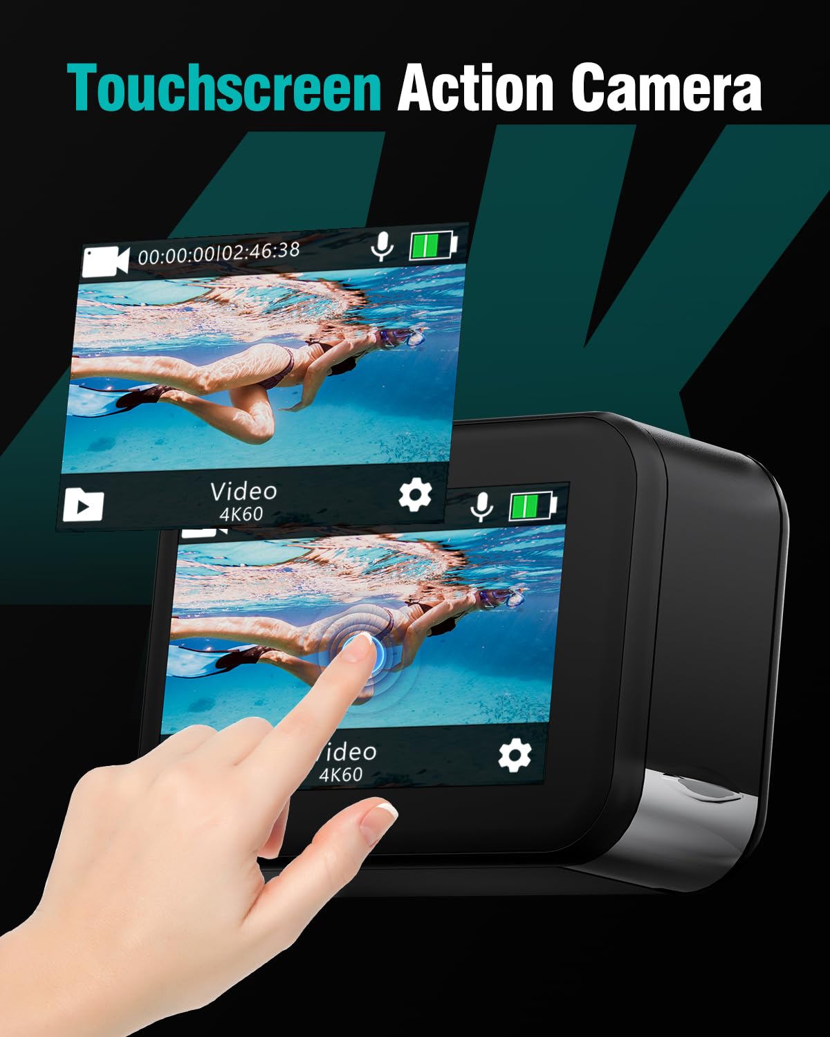 4K60fps Fotocamera Subacquea- Metallo nudo Telecamera sott'acqua 10M con 64G SD Card, HD 48MP Touchscreen Action Cam 6-Axis Stabilizzazione, WIFI Videocamera 8X Zoom Con Casco Accessori