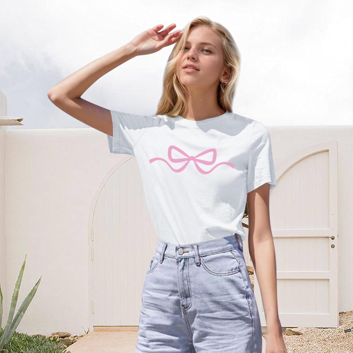 Womens Bow Coquette Shirt Clean Girl Aesthetic Graphic Tees Cute Pink Bow Shirts for Teens Trendy Oversized Tops - Image 5