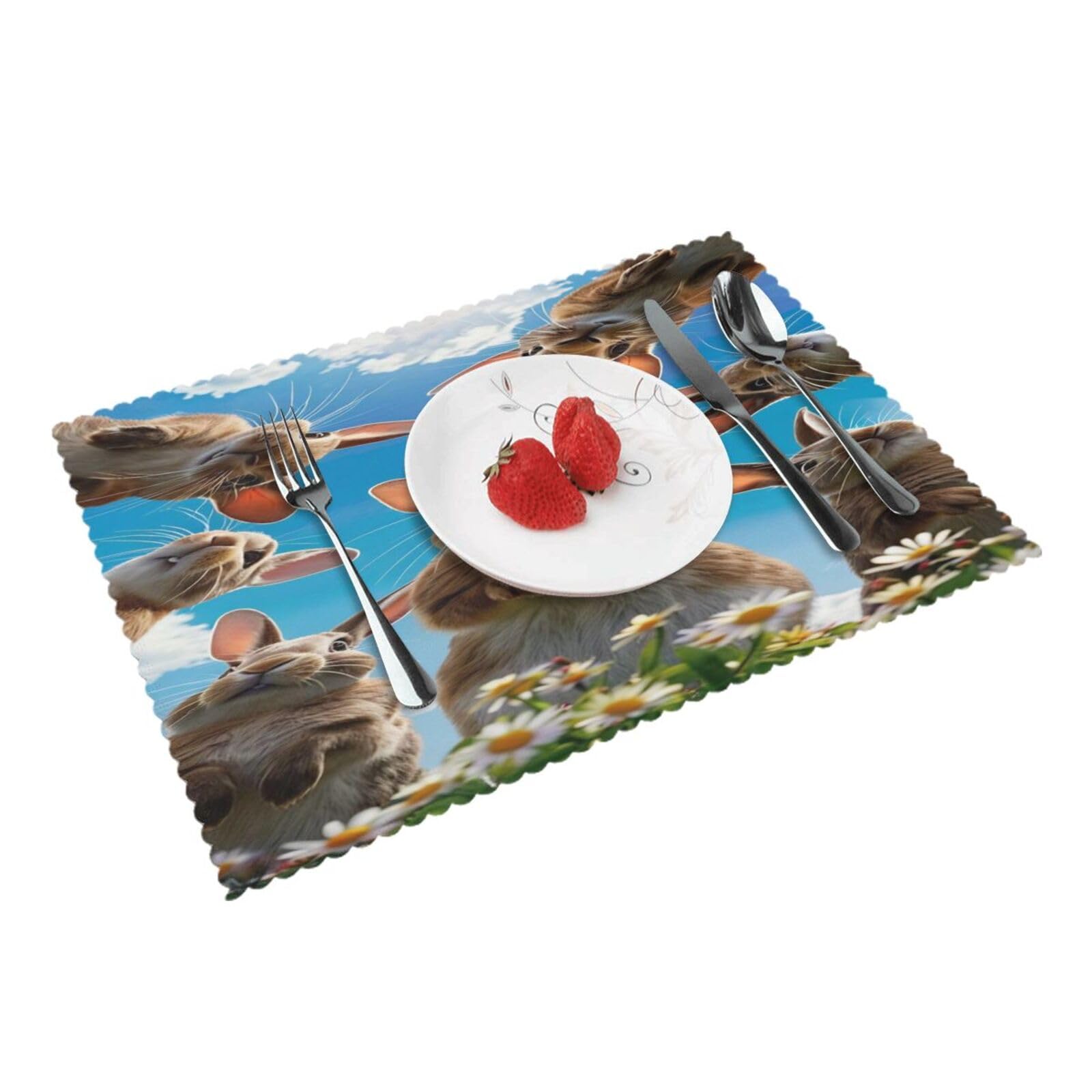 Bunny Sky Flowers Placemats Set of 4 Print Table Mats Place Mats Table Decor for Kitchen Dining 12X18 in