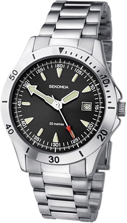 Sekonda Gents Analogue Quartz Watch with Black Dial and Silver Stainless Steel Bracelet 1930