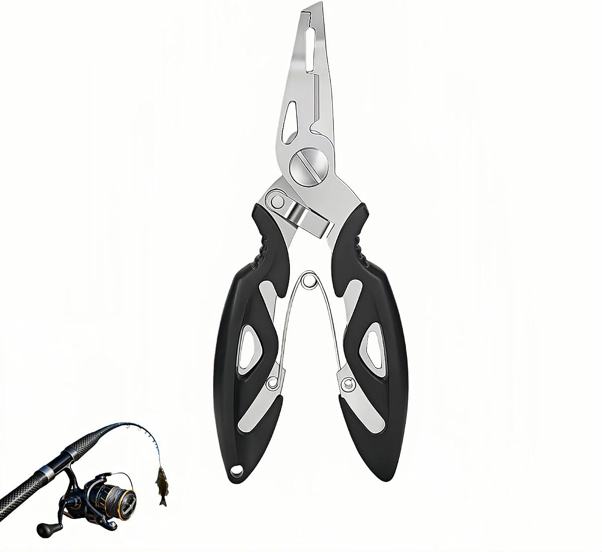 Multitool Fishing Pliers, Stainless Steel Multi-Tool with Spring-Loaded Design, Anti-Slip Grip, Line Cutter, Hook Remover for Saltwater Fishing