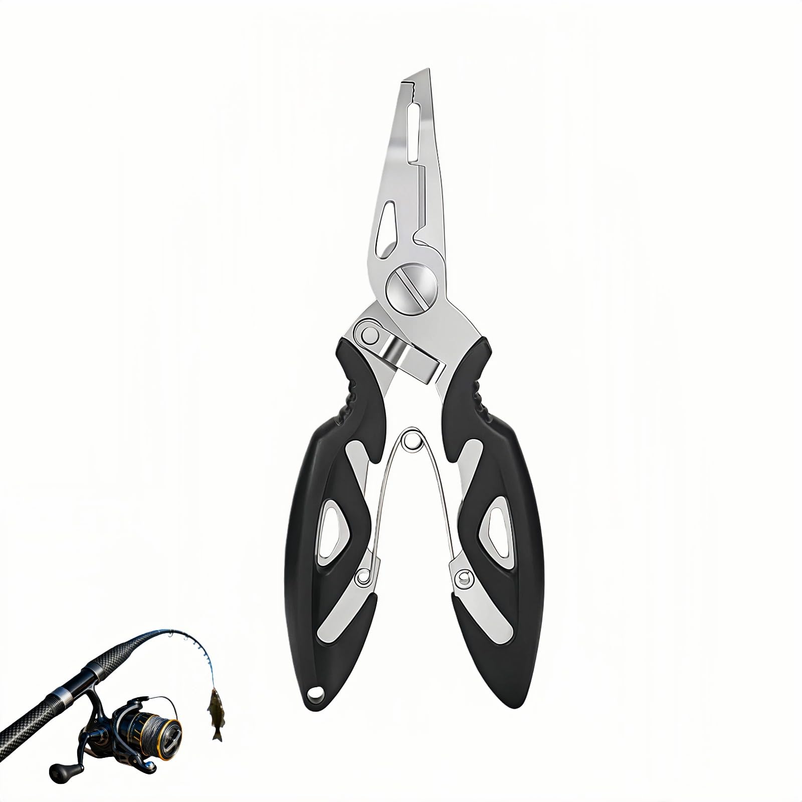 Multitool Fishing Pliers, Stainless Steel Multi-Tool with Spring-Loaded Design, Anti-Slip Grip, Line Cutter, Hook Remover for Saltwater Fishing