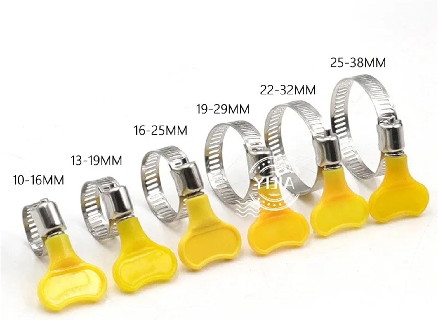 50PCS Adjustable Yellow Plastic Handle Hand Twist Hose Clamps Driving 8-32mm Stainless Steel Butterfly Pipe Clips(19-29mm)