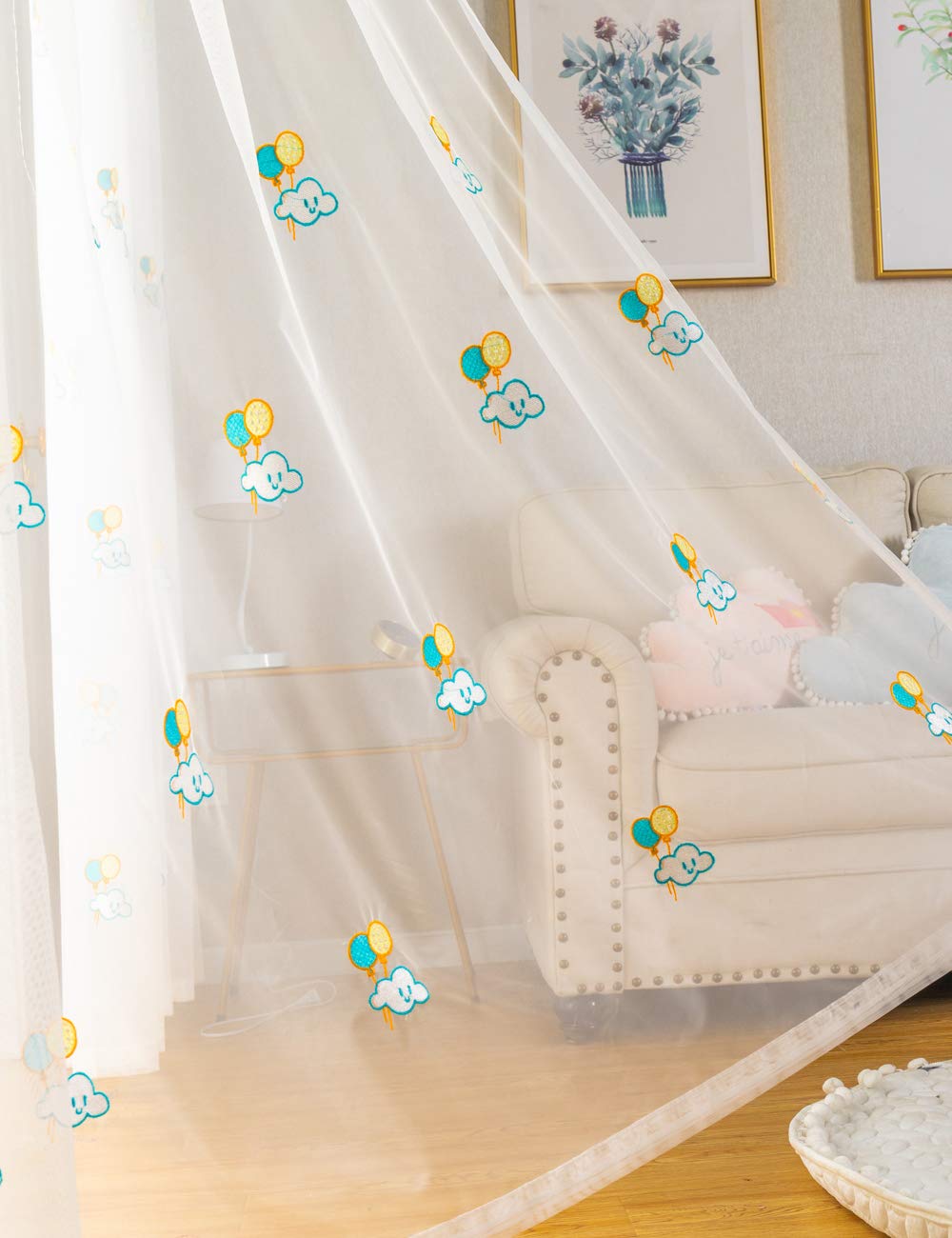 Lactraum Gardine Kinderzimmer Babyzimmer Transparent Weiß Bestickt Wolke Luftballon Voile mit Universalband 300 x 245 cm