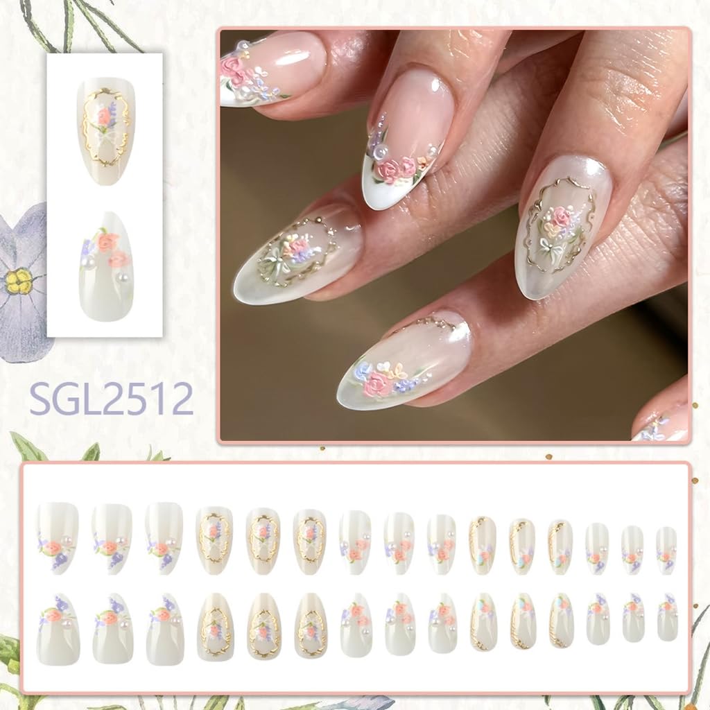 1 Box Floral False Nails Gold Lightweight Comfort for Special