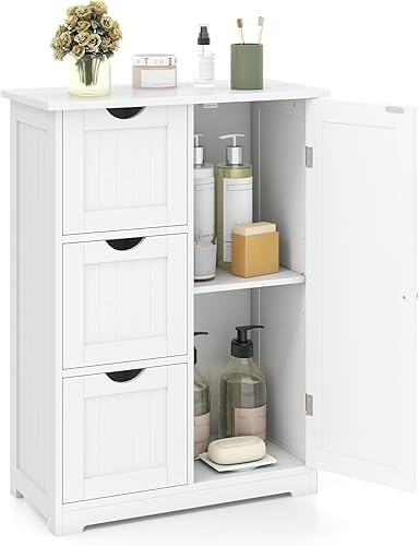 Miniatura 12 de Tangkula Armario de suelo de baño, armario de almacenamiento independiente con 3 cajones y una sola puerta, estante ajustable, almacenamiento de