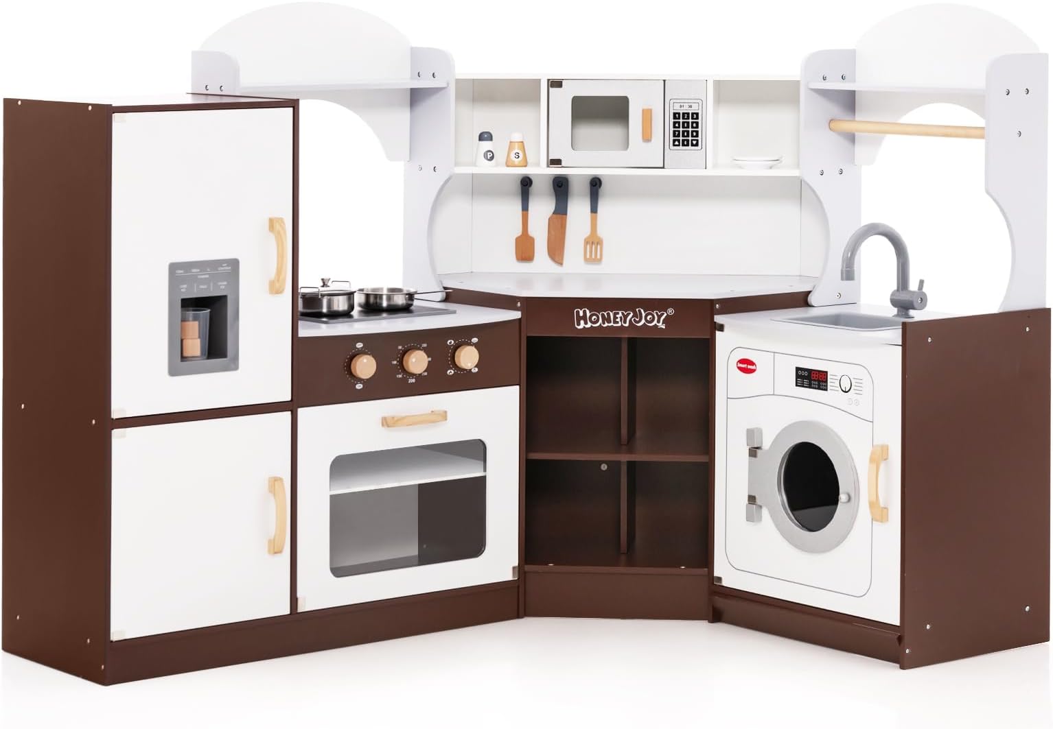 HONEY JOY Corner Kids Kitchen Playset, Ultimate Wooden Play Kitchen for Toddlers, Washing Machine, Ice Maker, Sink, Microwave, Little Chef Pretend Play Toy Kitchen Set, Gift for Boys Girls, Espresso