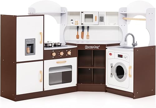 HONEY JOY Juego de cocina esquinera para niños, cocina de madera definitiva para niños pequeños, lavadora, máquina de hielo, fregadero, microondas,