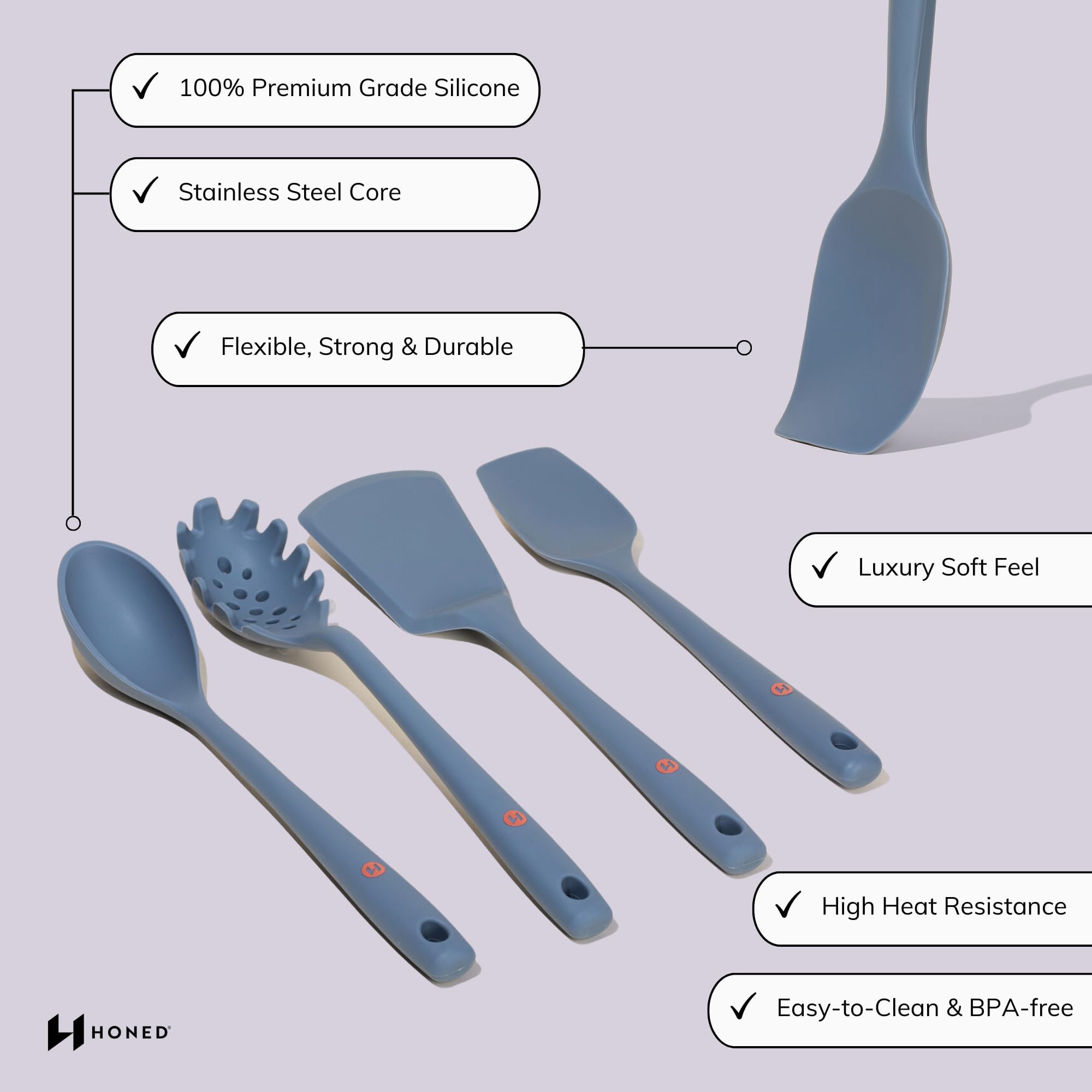 HONED Silicone Kitchen Utensils | 4-Piece | Premium 100% Silicone & Stainless Steel Cooking Utensils | Spoon, Turner, Pasta Ladle, Spoonula | High Heat Resistant Non-Stick | Dishwasher Safe & BPA-free