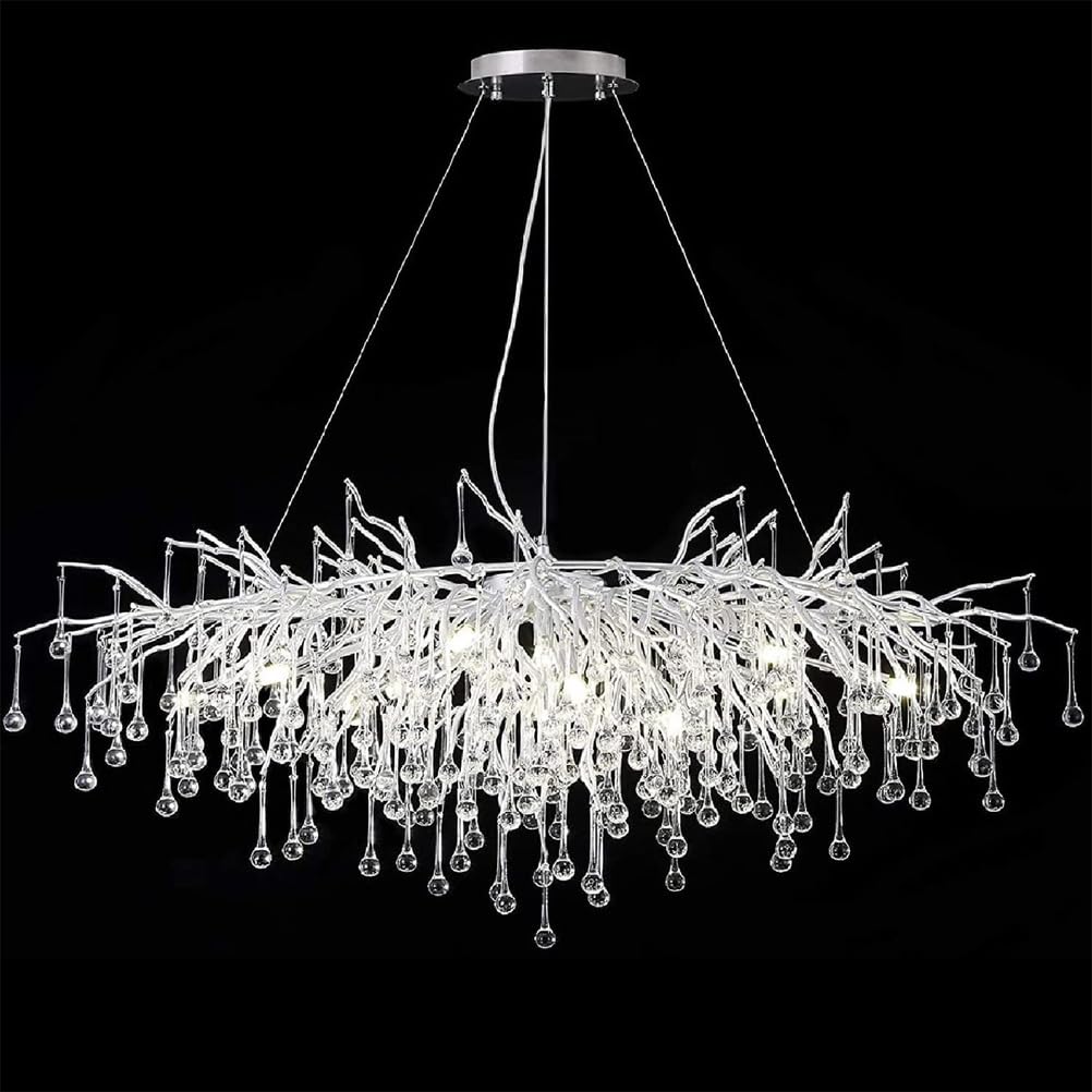 KXEcoLife Modern Crystal Rectangular Chandelier, Tree Branch Raindrop Chandelier Light Fixtures Large Kitchen Island Hanging Fixture for High Ceiling, Dining Room, Foyer - L100CM,Silver