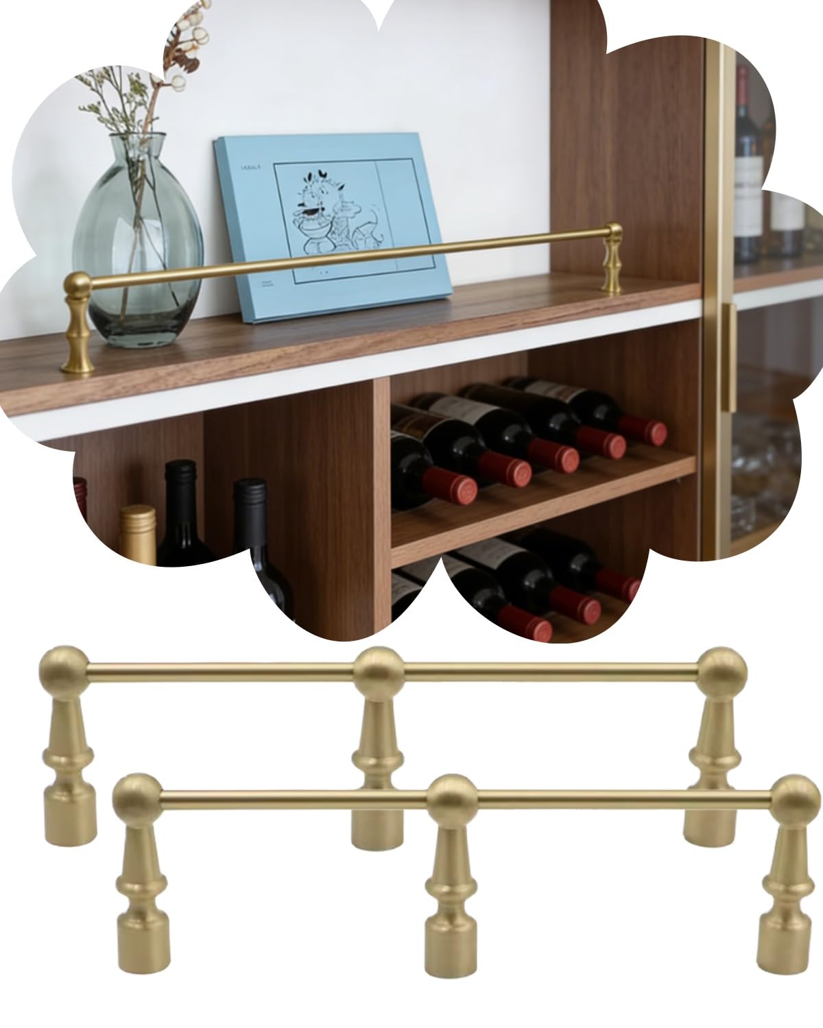 MESCXTY Unlacquered Brass Gallery Rails for Bookcase Shelves, Multi Pack Shelf Railing Brackets with Posts, Tipping Spindles Holders(2 Pack,52in/132cm)