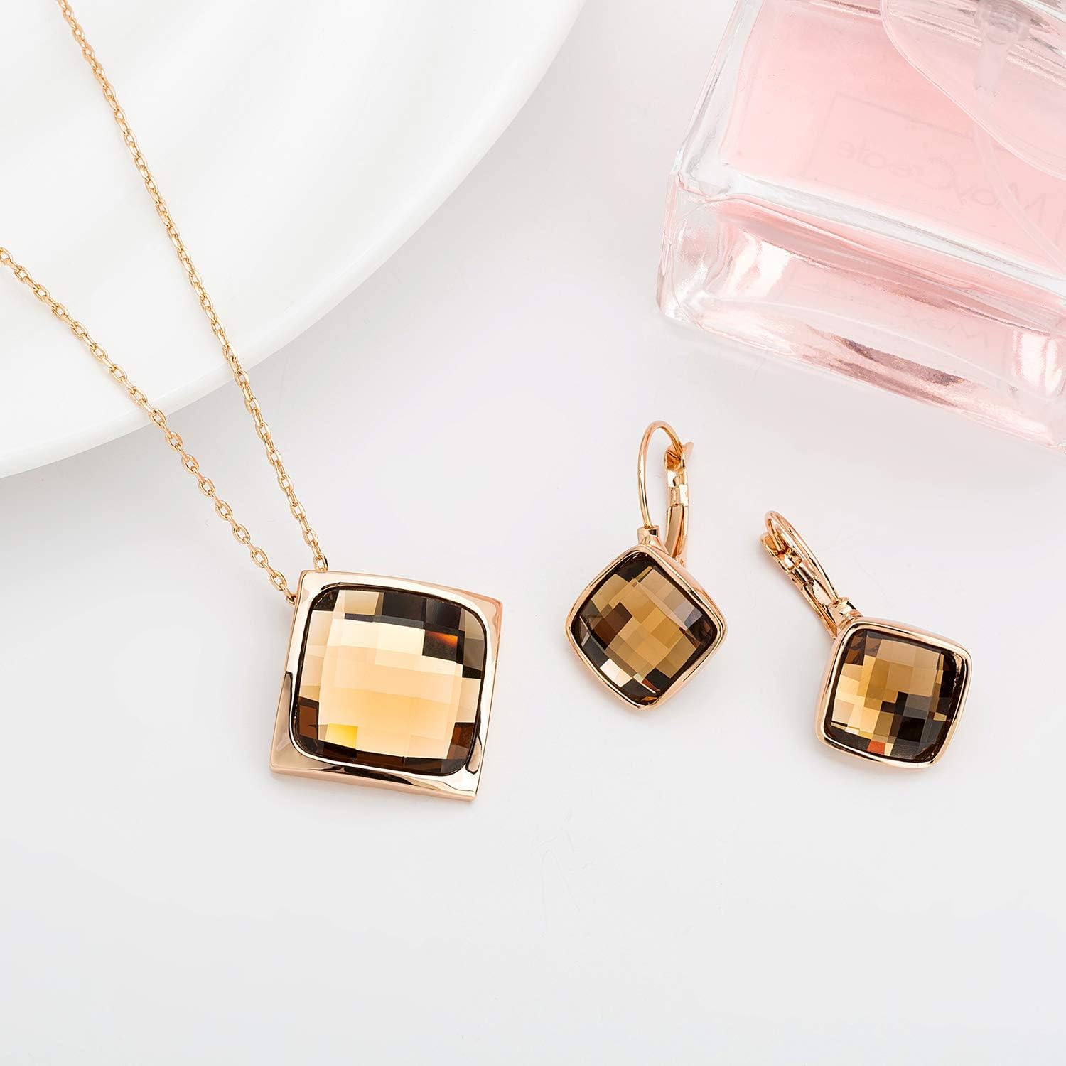 EVEVIC Square Austrian Crystal Necklace Earrings for Women Fashion 18K Gold Plated Hypoallergenic Jewelry Set - Image 5