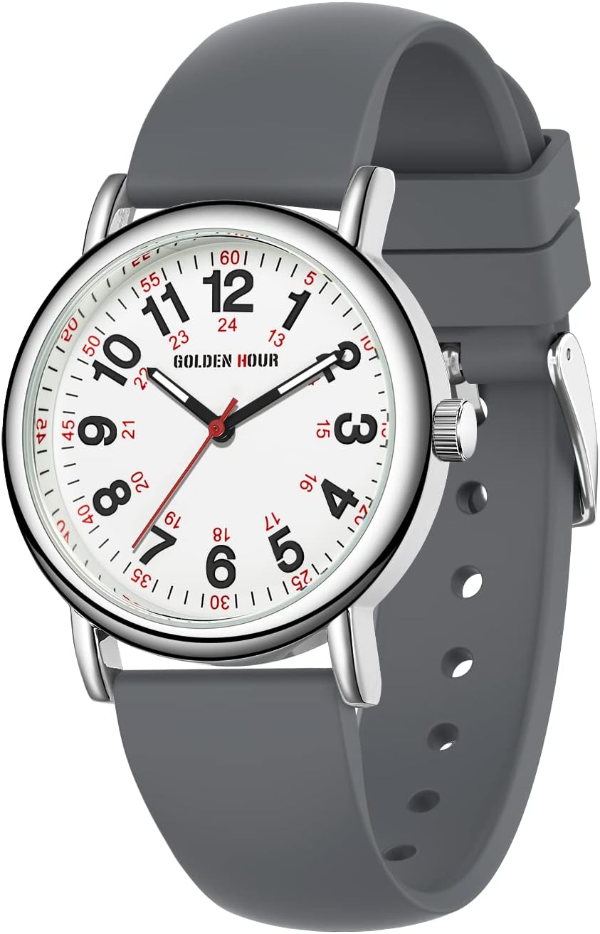 GOLDEN HOUR Waterproof Nurse Watch for Medical Professionals, Students Women Men - Military Time Luminouse Easy Read Dial, 24 Hour with Second Hand, Colorful Silicone Band