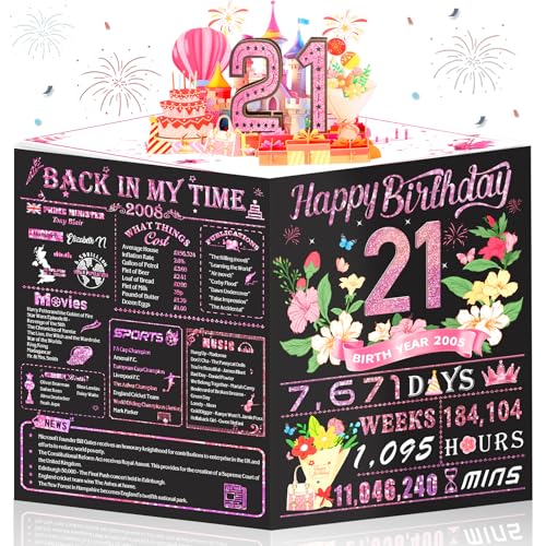 Awrmoo 21st Birthday Cards for Girl Daughter, 3D Pop Up 21st Birthday Card Gifts for Granddaughter Niece, Back In 2005 Rose Gold Funny 21 Year Old Birthday Decorations Ideas for Friends Sister Her