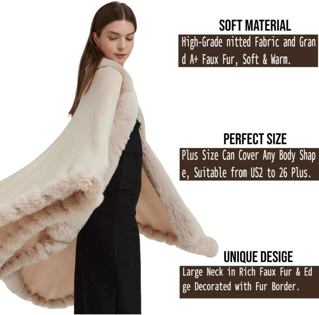 Faux Fox Fur Trim Cardigan Cloak Shawl Wraps Winter Poncho Oversized Cape - Image 4