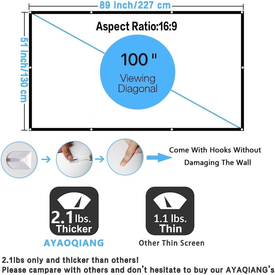 Projector Screen 100 Inch,Portable Projection Screen 16:9 HD 4K Foldable for Home Theater Cinema Indoor Outdoor Front and Rear Projection by AYAOQIANG