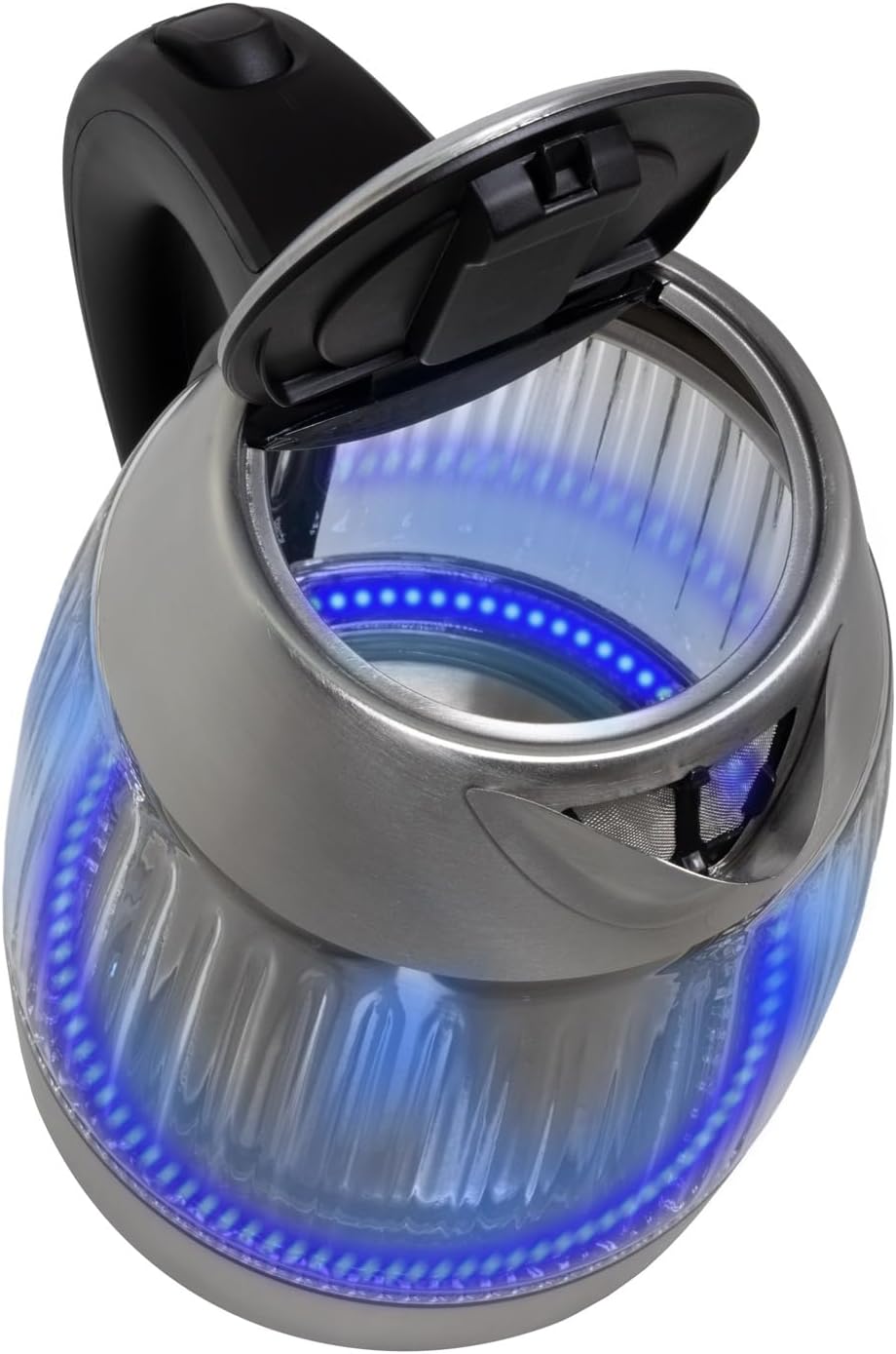 Top-down view of Salente StripeGlass Electric Kettle with open lid and blue LED