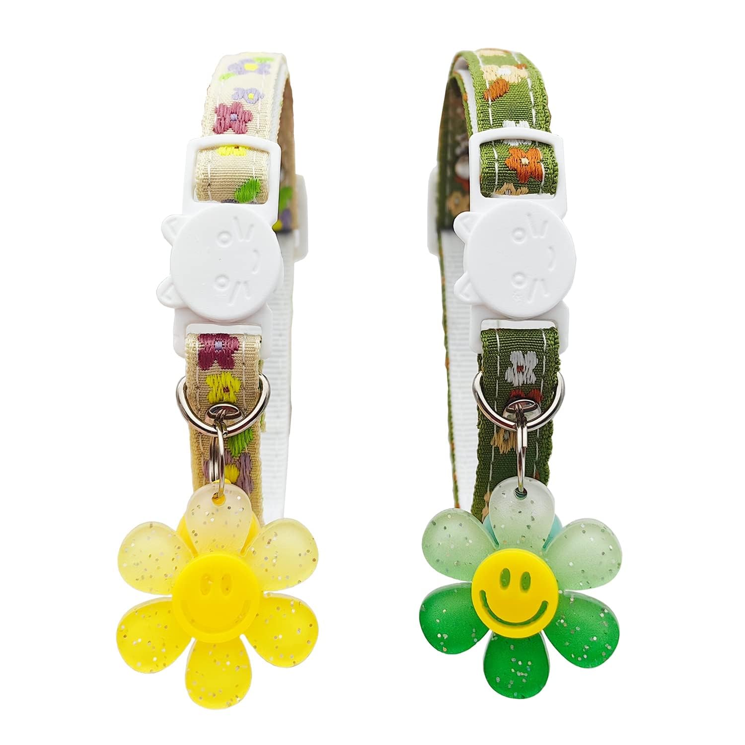 Excefore 2 Pack Soft Cotton Breakaway Cat Collars with Bells for Girl Cats, Smile Flower Pendant Cute Cat Collar Kitten Collar for Cat Kitten Kitty Puppy Rabbit (Floral-Green & Yellow)