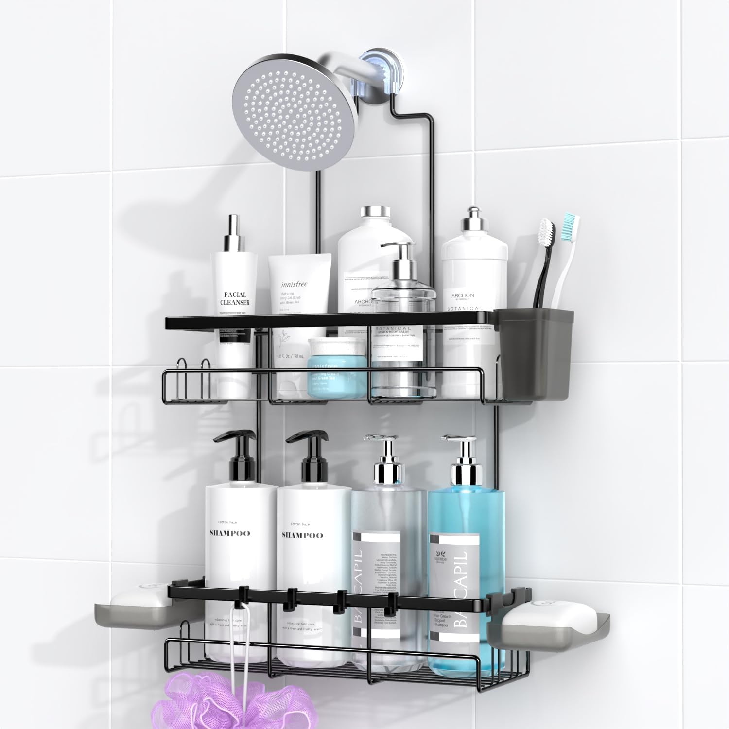Adhesive Shower Caddy 5-Piece Rustproof Stainless Steel Bathtub Organizer Large Capacity Drill-Free Rack for Bathroom Storage and Home
