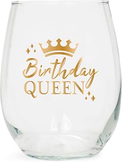 Cottage Garden Birthday Queen Stemless Wine Glass – 15 oz Clear Tumbler – Gold Crown & Lettering – Elegant Birthday Celebration Drinkware
