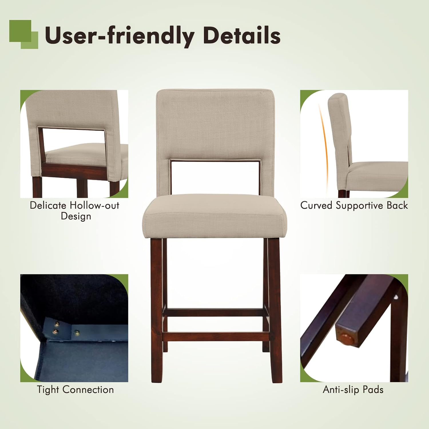 COSTWAY Bar Stools Set of 2, Linen 24.5 Inch Counter Height Chairs with Hollowed Backs, Rubber Wood Legs, Upholstered Barstools for Kitchen Island Home Bar Pub Dining Room, Beige