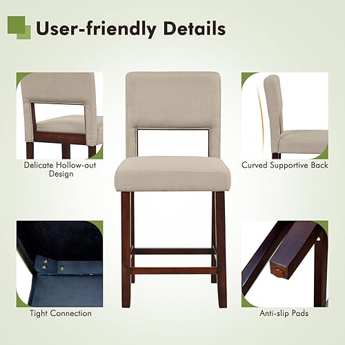 Miniatura 7 de COSTWAY Taburetes de bar para isla de cocina, sillas de altura de mostrador de lino con respaldos huecos, patas de madera de goma, taburetes de bar