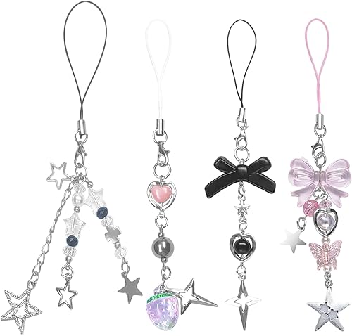 1  4 dijes estéticos para teléfono celular Y2K, correa rosa, fresa, mariposa, estrella, accesorios Y2K para teléfono, bolsa, llavero, Airpods,