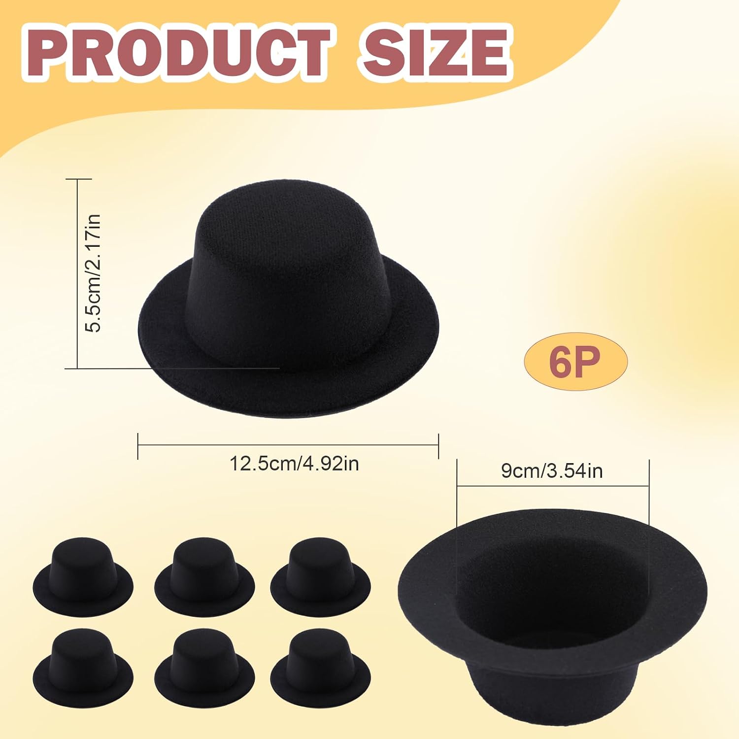 6 Pcs 5" W Felt Top Hats, Black Mini Formal Party Hats for Snowman Crafts, Christmas Decoration, Doll and Other Craft Projects, DIY Hair Accessories