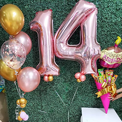 Image of 40 Inch Rose Gold 14 Number Balloons Giant Jumbo Huge 14 41 Foil Mylar Helium Number Digital Balloons Rose Gold Birthday Mylar Digital Balloons 14th Birthday Anniversary Events Party Decorations