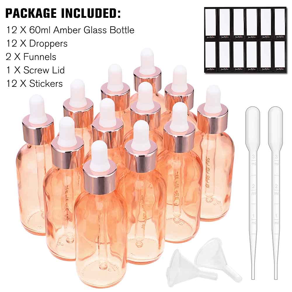 PrettyCare Glass Dropper bottle 2 oz (12 Pack Rose Eye Dropper Bottle 60 ml with Measured Pipettes, Golden Caps, Labels, Funnel) for Essential Oils, Beard Oil, Body Oil: Industrial & Scientific