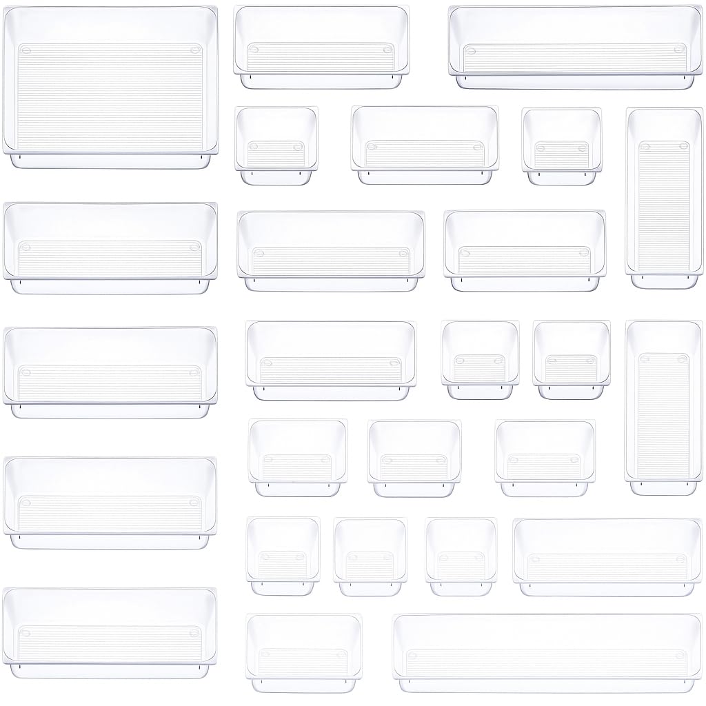 Clear 25pcs Plastic Drawer Organizers Set, 4-Size Versatile Bathroom and Vanity Drawer Organizer Trays, Storage Bins for Makeup, Bedroom, Kitchen Gadgets Utensils and Office Desk Pack of 25