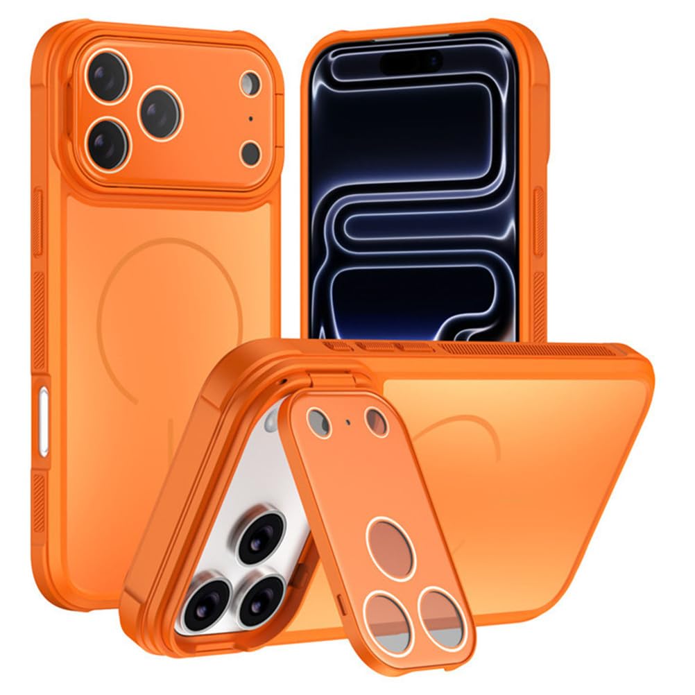Coque iPhone 17 Pro magnétique orange avec béquille cachée et protection de caméra intégrée