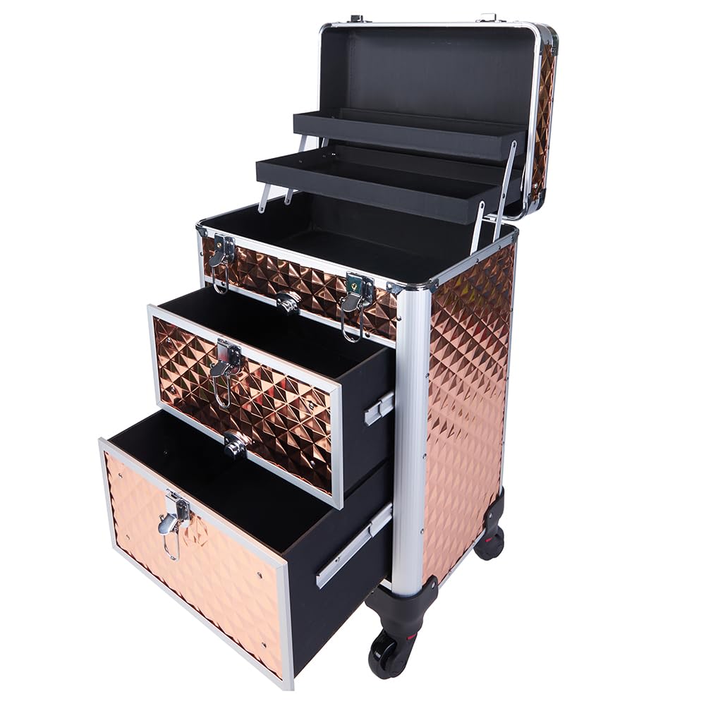 BAKAJI Maleta de maquillaje profesional, neceser esteticista portátil, maletín porta maquillaje con textura oleográfica triangular y ruedas desmontables, maletín organizador maquillaje viaje, dorado,