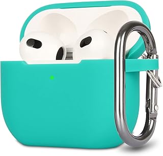 KOKOKA Case Cover Compatible with Airpods 3, Soft Silicone Skin Case Cover Shock-Absorbing Protective Case for Airpods 3rd Generation with Carabiner, Front LED Visible, Sea Green