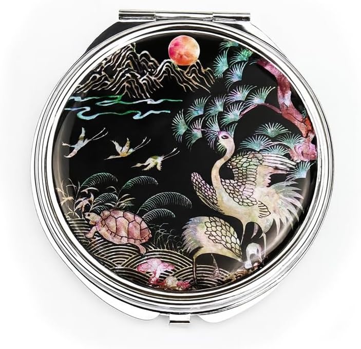 Korean Real Shell Pocket Compact Mirror – Double-Sided Folding Makeup Mirror with Traditional Minhwa Design, Luxury Gift for Women