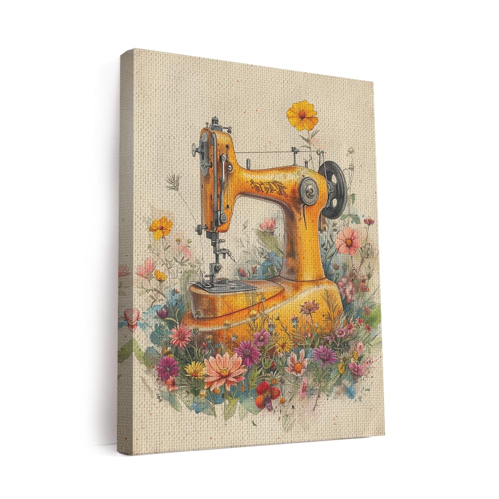 Elivita Floral Sewing Machine Watercolor Art Design 1 Vertical Canvas Art Print Home Decor Pictures Poster for Bedroom Living Room Bathroom Office