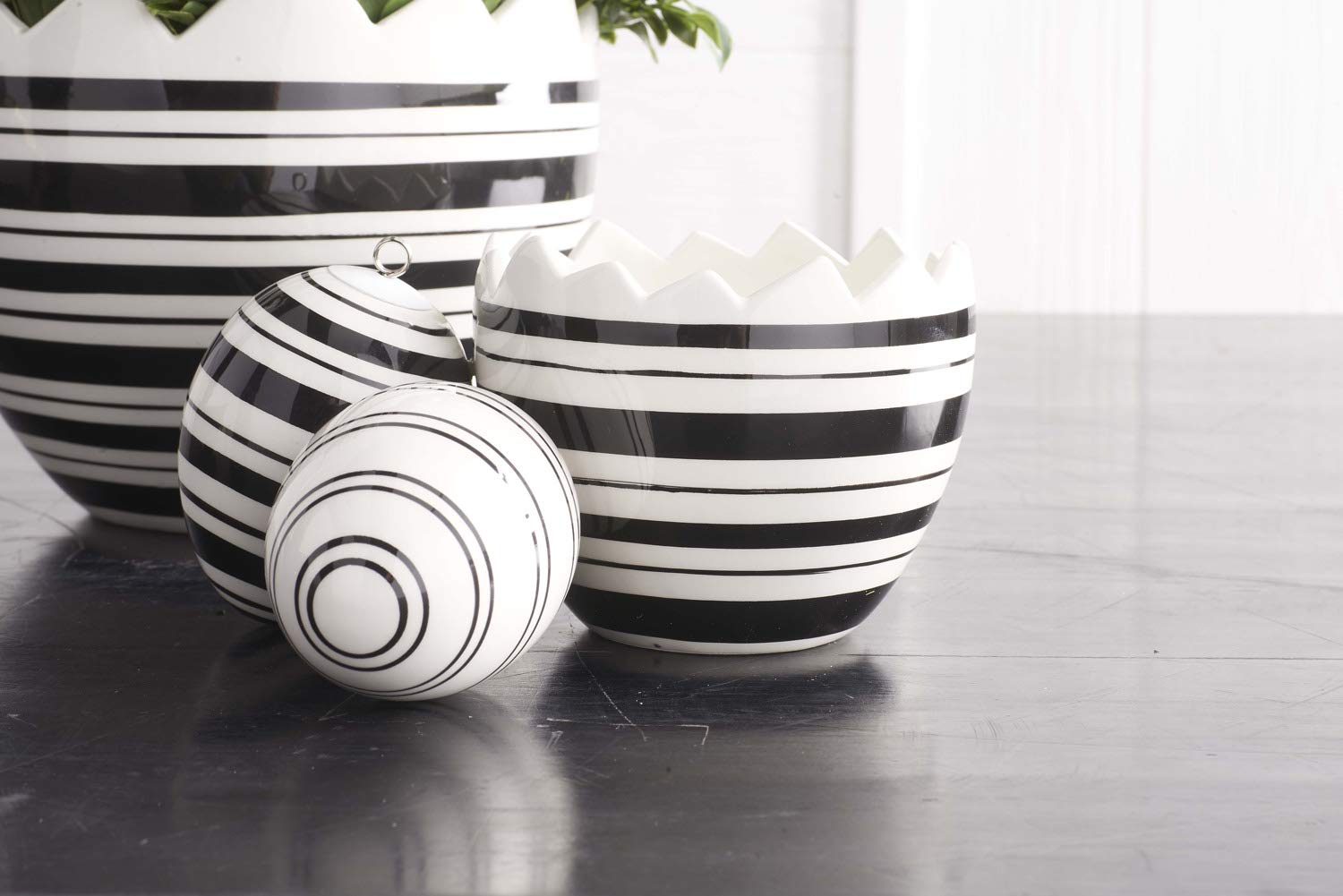 K&K Interiors 20342A-1 4 Inch Black and White Striped Ceramic Egg Candy Dish