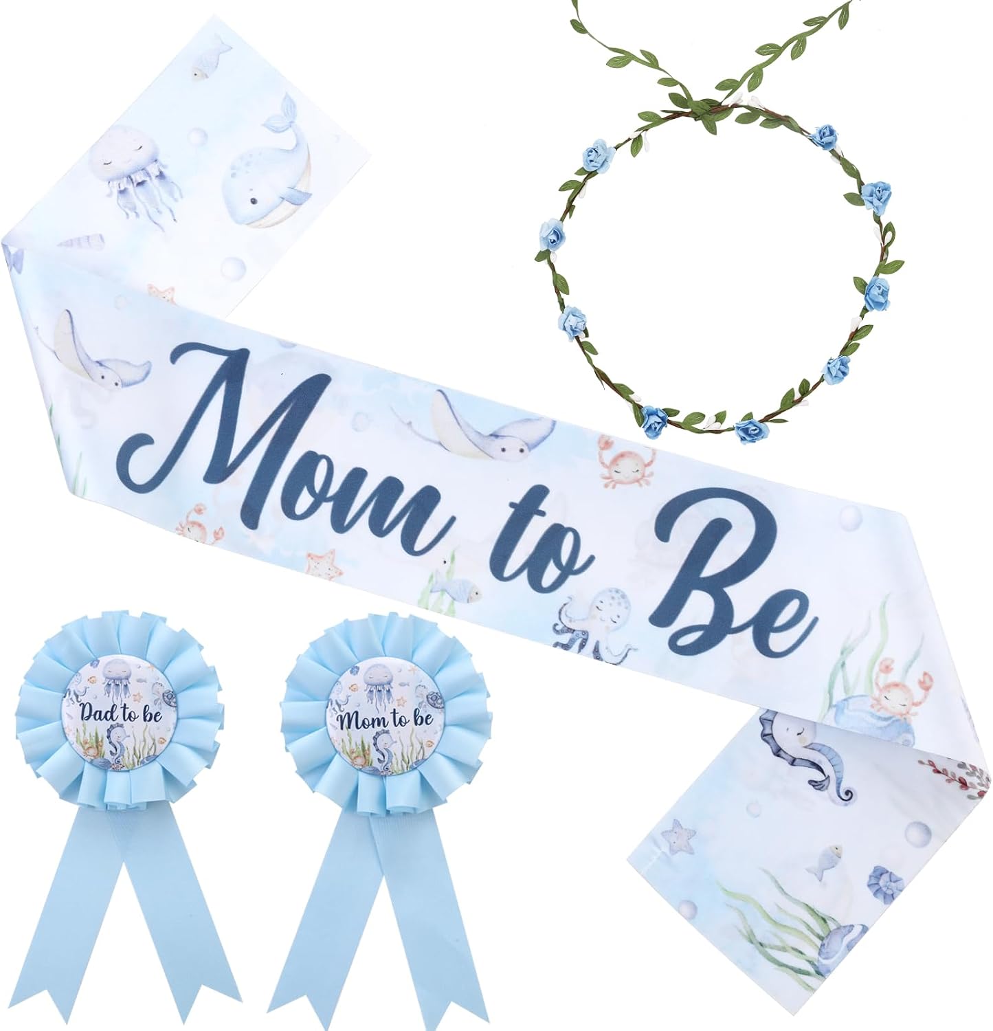 Serencatcher Under The Sea Baby Shower Maternity Sash Boy, Sea You Soon Baby Shower Decorations Mom to Be Dad to Be Corsage Pin Flower Crown Blue for Underwater Ocean Animal Theme Gender Reveal Party