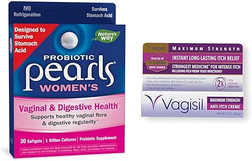 Nature's Way Perlas probióticas para mujeres y Vagisil Crema femenina antipicazón de máxima fuerza con benzocaína para mujeres