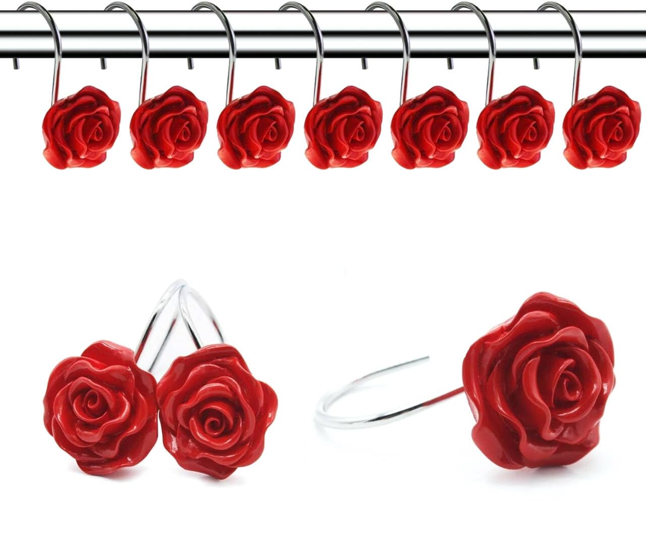 12 PCS Home Fashion Decorative Anti Rust Shower Curtain Hooks Rose Design Shower Curtain Rings Hooks (RED)