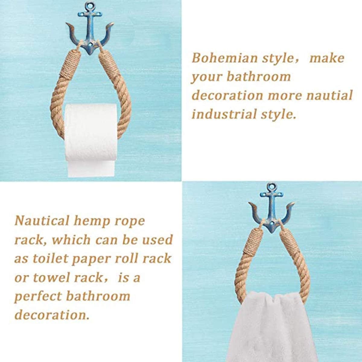 2 Pcs Nautical Rope Toilet Paper Holder Wall-Mounted Towel Ring Nautical Toilet Paper Holder with Metal Hooks Coastal Towel Rack Natural Antique Rope （Blue+Blue）