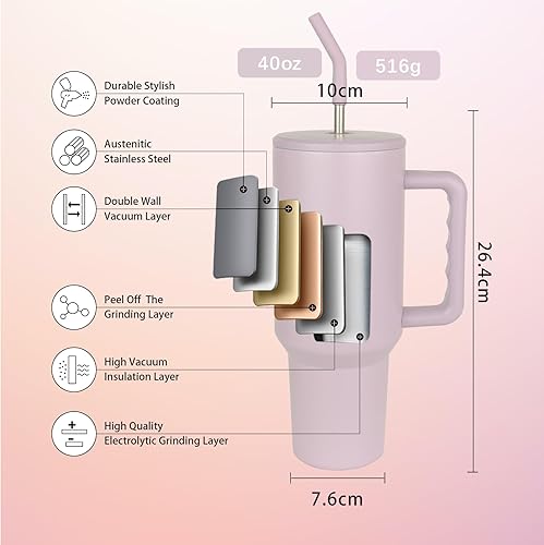 Miniatura 3 de Maravilloso Vaso de 40 onzas con asa y popote, taza de viaje de acero inoxidable reutilizable aislada con popote y tapas abatibles, taza de viaje de