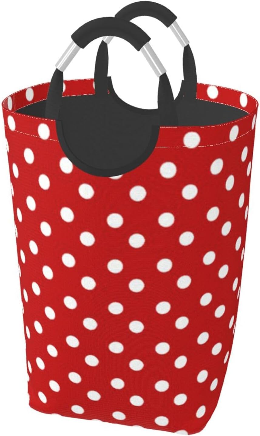 Large Laundry Basket, Red and White Dots Laundry Hamper Bag Collapsible Washing Bin With Handles for College Dorm, Family Essentials Storage