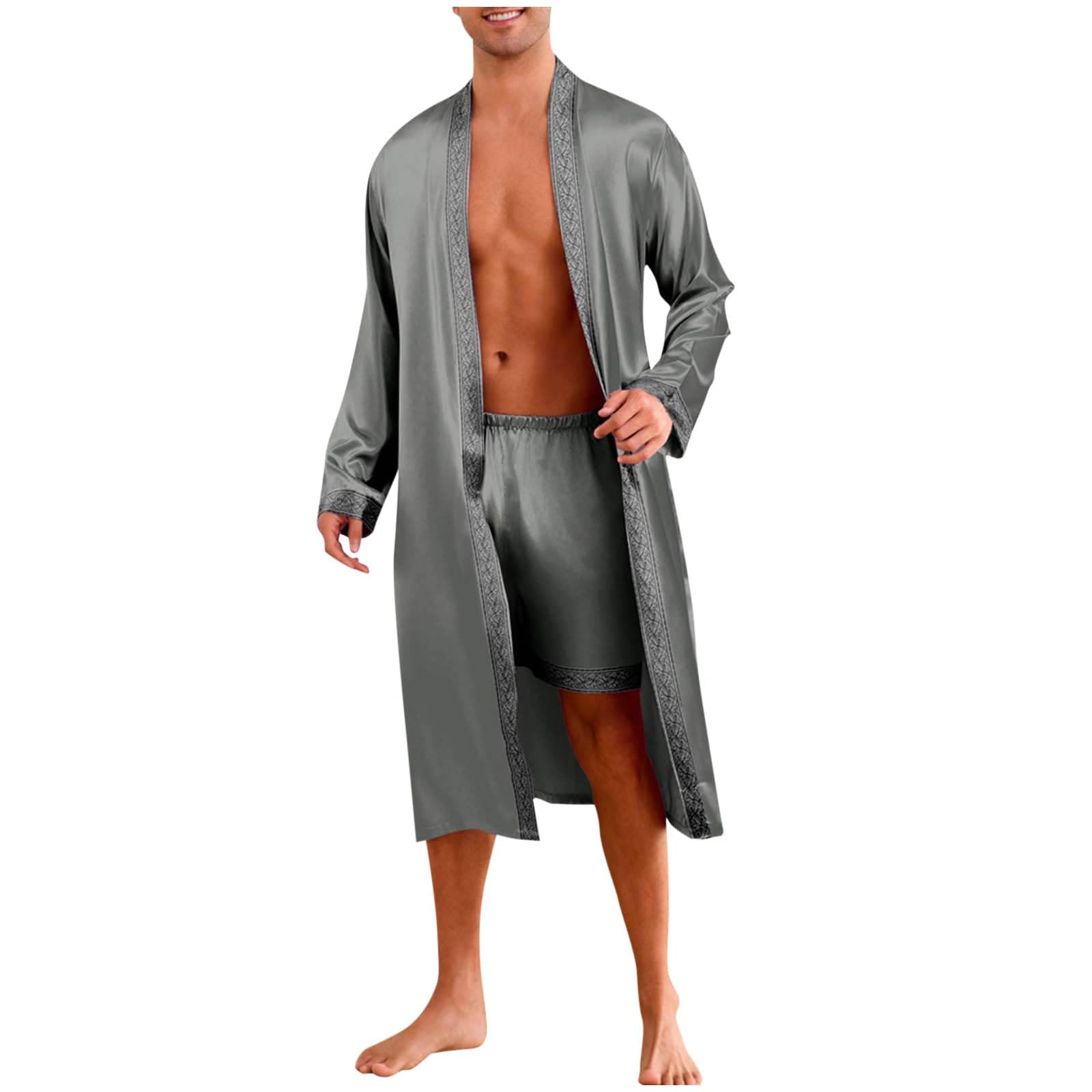 Men's Luxury Sliky Bathrobe Set 2 PCS Satin Kimono Robe and Shorts Long Sleeve Sleepwear Pjs Sets for Travel Spa
