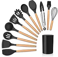 Kit de Utensílios Para Cozinha 12 Peças, de Silicone e Cabo de Madeira, Antiaderente, Possui Espátulas, Colheres, Pegadores, Fouet, Pincel e Suporte - Marca: Amoreja (Preto)