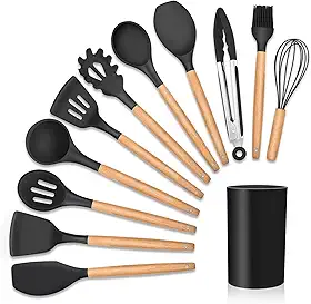 Kit de Utensílios Para Cozinha 12 Peças, de Silicone e Cabo de Madeira, Antiaderente, Possui Espátulas, Colheres, Pegadores, Fouet, Pincel e Suporte - Marca: Amoreja (Preto)