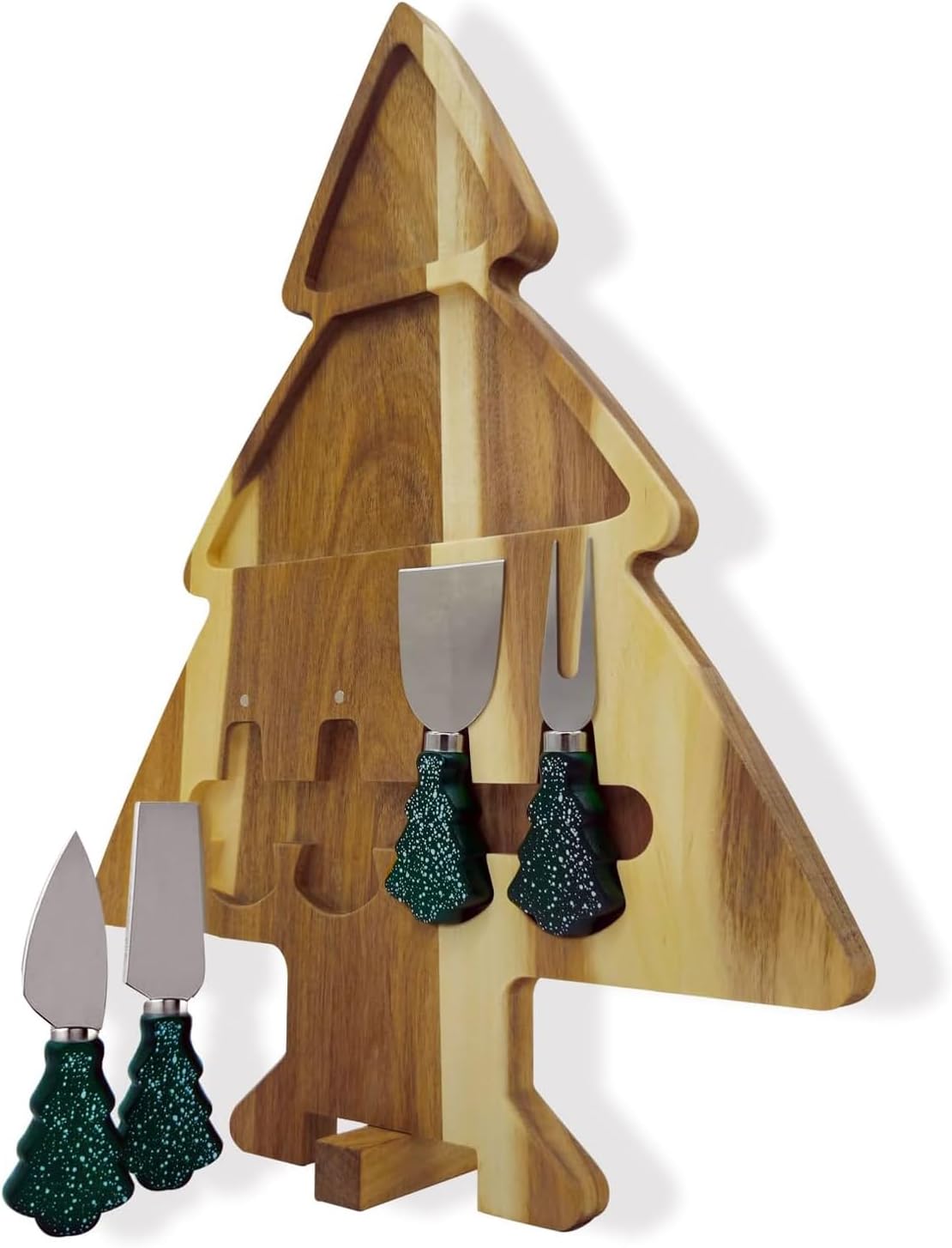 17.3'' Xmas Tree Charcuterie Board Set – Dual-Side Acacia Wood Serving Tray & Cutting Board with 4 Magnetic Knives, Rotating Base – Festive Cheese Platter for Christmas Snacks, Hostess Gift
