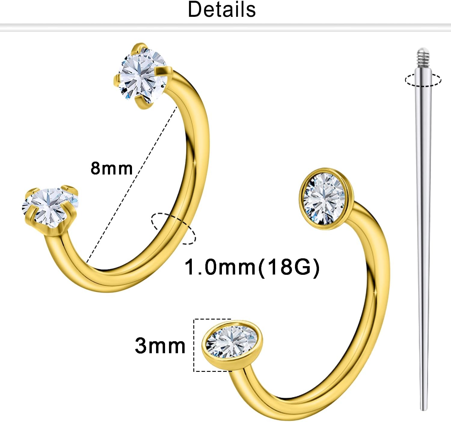 Dyknasz Horseshoe Nose Ring 18G Internally Threaded Nose Rings Hoops Surgical Steel Half Double Cubic Zirconia Nostril Studs Lip Eyebrow Helix Daith Ear Piercing Jewelry For Women - Image 2
