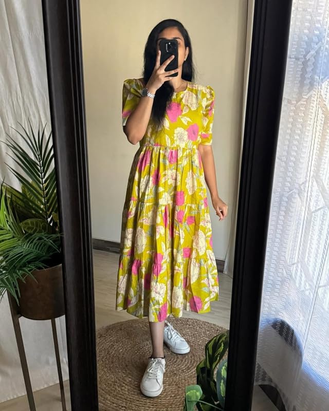 Image of Floral Midi Dress for Women - Summer Boho Dress, Lightweight & Breathable, Elegant Floral Print, Casual & Vacation Outfit, Comfortable Flowy Dress for Women